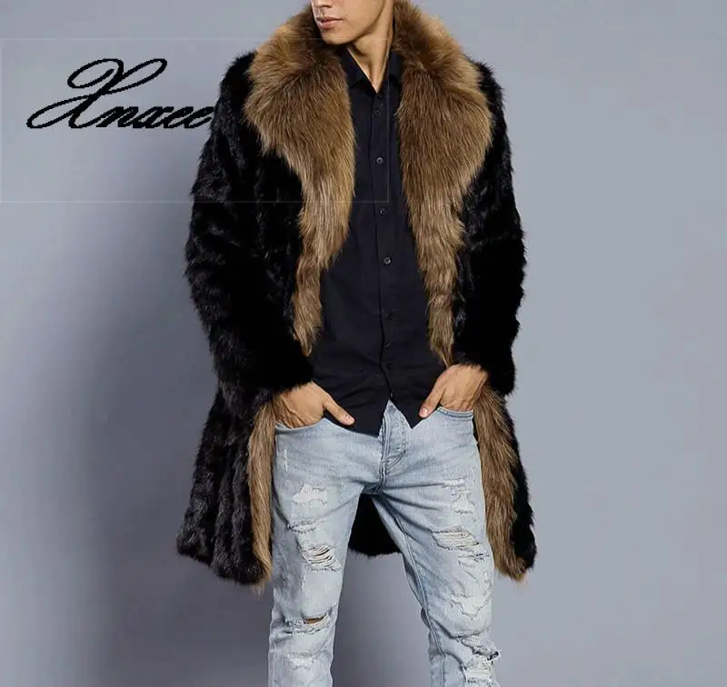 

Xnxee Men Winter Long Coat Thicken Warm Faux Fur Outerwear Turn Down Collar Furry Parka Jackets Overcoat Pockets Plus Size
