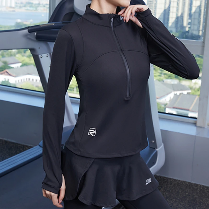 Female Running Shirt Half Zipper Long Sleeve Thumb Hole Yoga Clothes Women Nylon T-shirt Sport Gym Fitness Top Workout Blouse