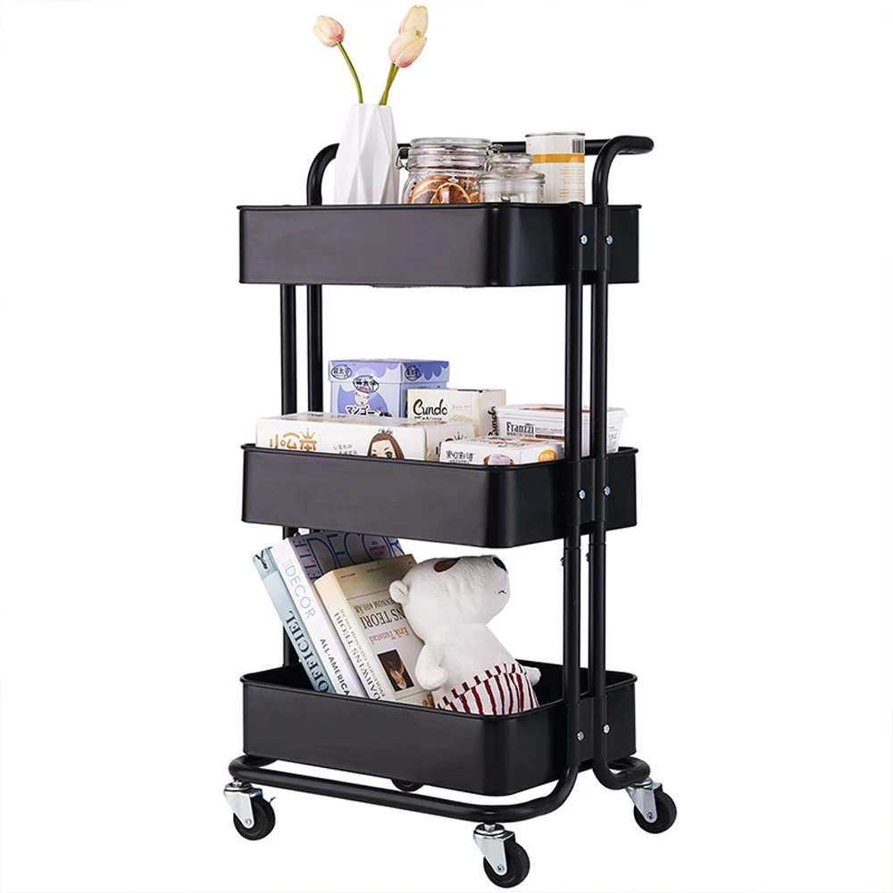 

3 Tier Metal Utility Rolling Kitchen Cart with Mesh Basket Handles and Wheels Easy Assembly for Kitchen,Office Storage Organizer