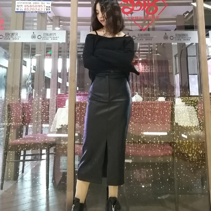[DEAT] Новая модная Корейская женская юбка из искусственной кожи высокого качества до середины икры, сексуальная Офисная Женская юбка с высокой талией AY095 - Цвет: black
