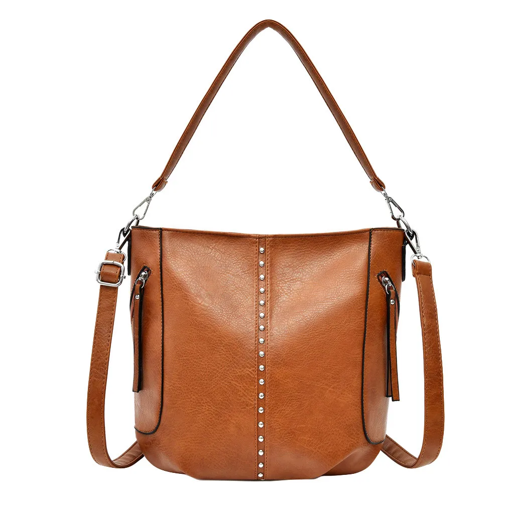 

MUQGEW Bags For Women 2019 Rivets Solid Crossbody Soulder Leather PU Handle Zipper Hasp Bucket Messenger Bags torebki damskie