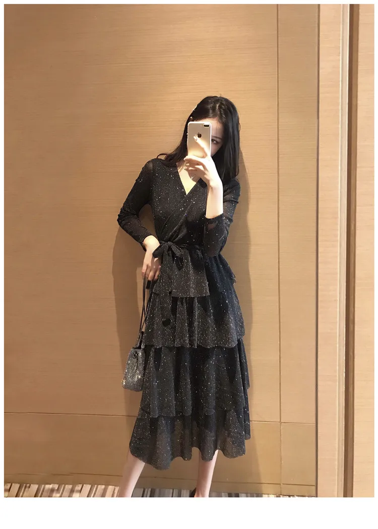 Весеннее и летнее элегантное Bling2019 весенняя одежда сексуальное торжественное платье черное платье с v-образным вырезом Длинные юбки женское нарядное платье