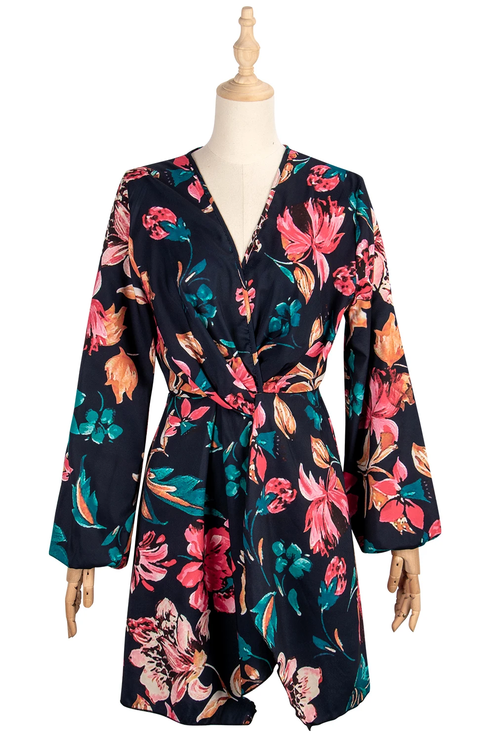 Chifirena Vintage V Neck Floral Print Mini Dress Women 2020 Autumn Puff Sleeve Sexy Dresses Elegant Twist Waist Robe Vestidos