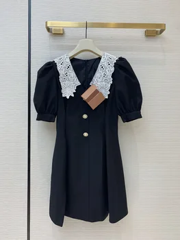 

Lace Collar Mini Dress Women Luxury Brand 2020 Summer Fashion Temperament Hollow Embroidery Stitching Puff Sleeve Short Dresses