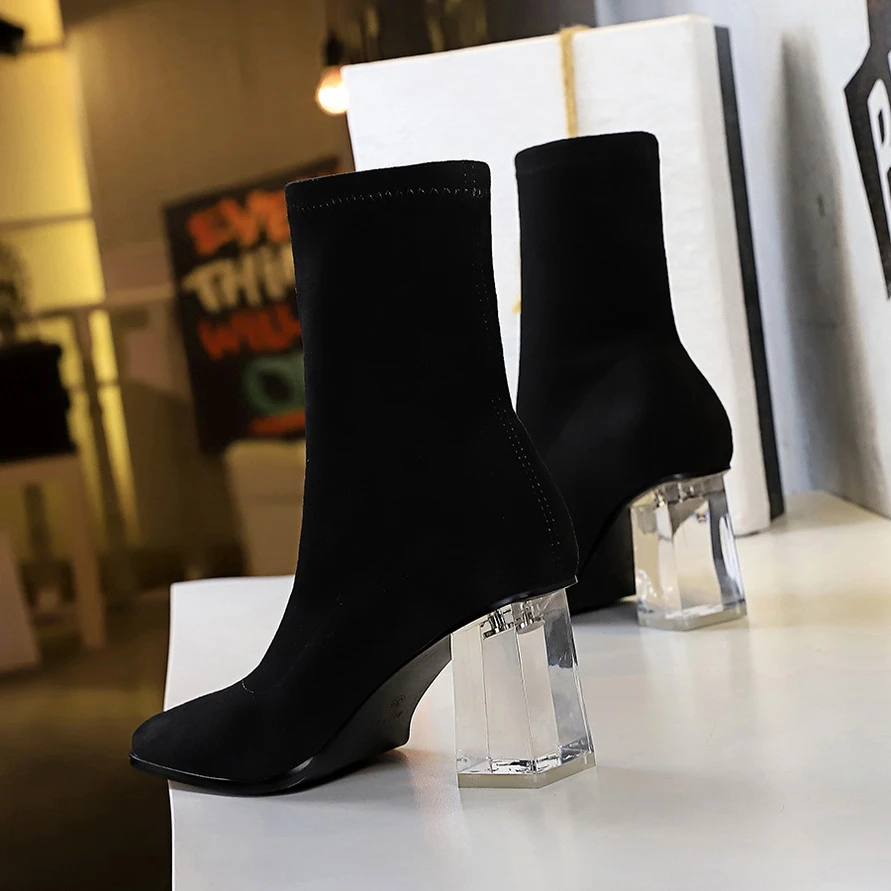 BIGTREE Botas tacón alto para de tacón transparente con cabezas cuadradas de cristal, a la moda|Botas hasta el tobillo| - AliExpress