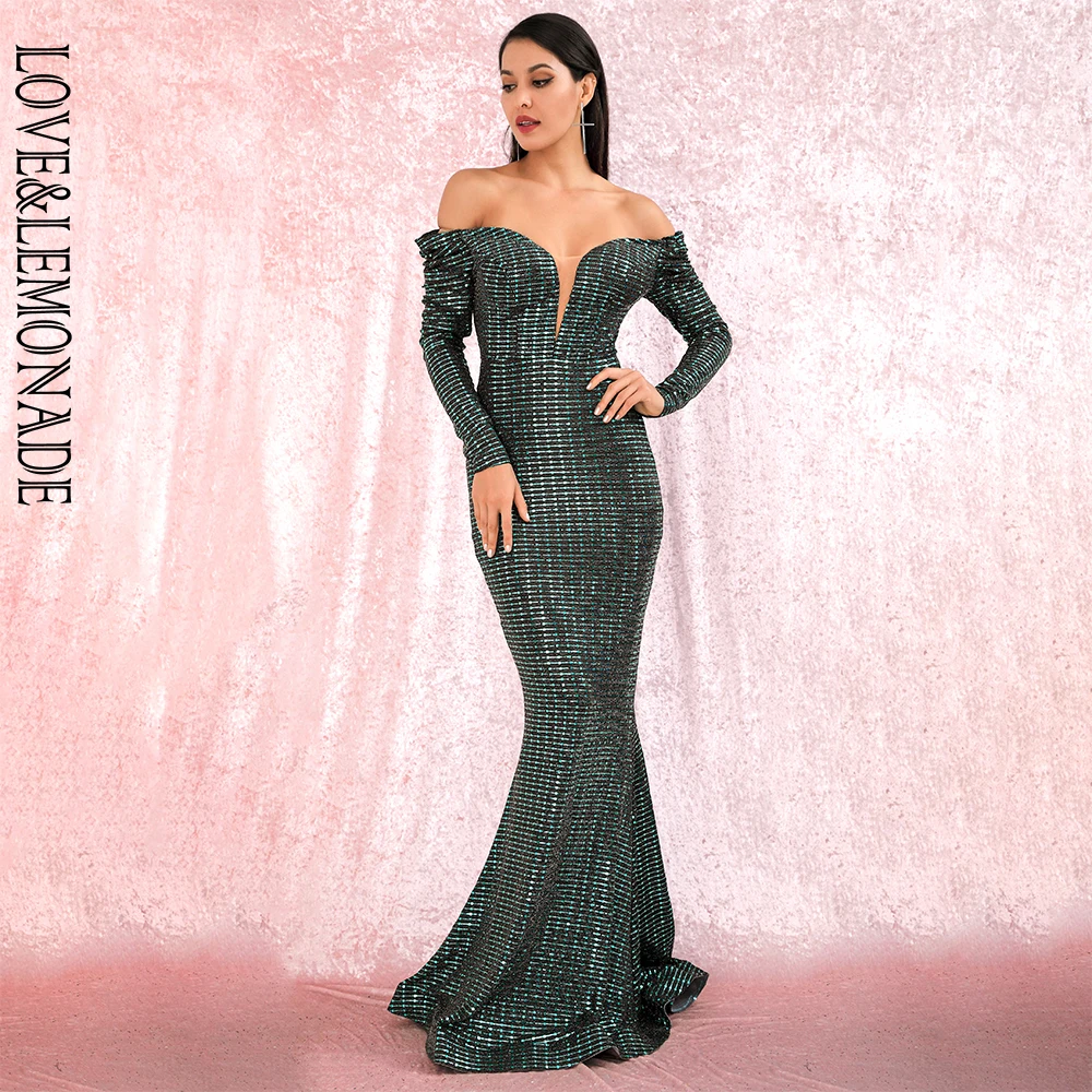 

LOVE&LEMONADE Sexy Open Shoulder Green Sequins Composite Bubble Long Sleeve Bodycon Party Maxi Dress LM81926 Autumn/Winter