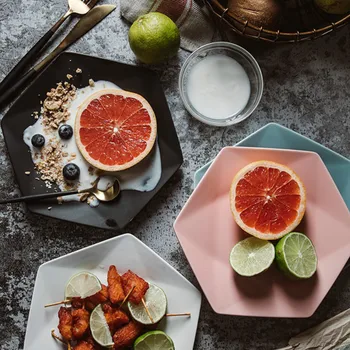 

Creative hexagonal flat plate Nordic style ceramic plate household tableware dessert dried fruit melon fruit snack plate LB50708