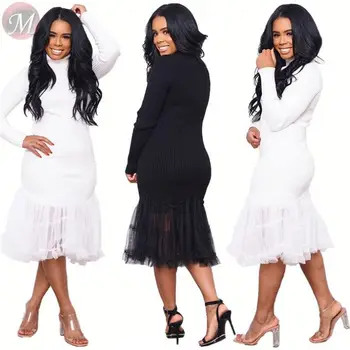 

2020 Design fashion solid color sexy wrap hip turtleneck rib mesh splicing bodycon Party Sexy Ladies Dress Fashion