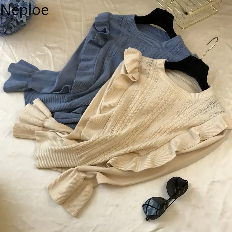 Neploe/осень, новая Корейская Милая зимняя одежда, Вязанный свитер с рукавами-колокольчиками и рюшами, тонкий, Pull Femme Hiver 46371