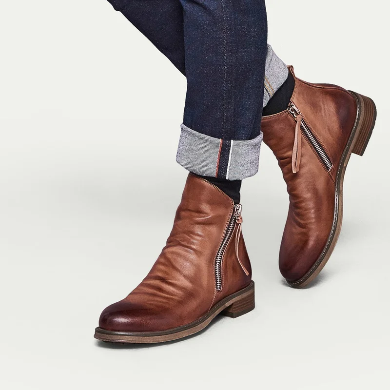 Double Zipper Non-slip Bottom Mens Single Boots Plus Size 38-48 Men's Motorcycle Chelsea Men PU Leather Dress Shoes | Обувь