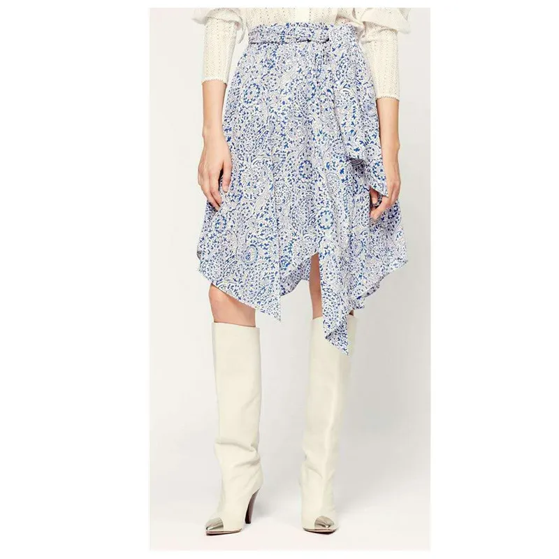 

Summer 100% Silk New Fashion Loose A-type Printing Irregular Hem All-match Skirt Female