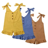1-6Y New Baby Girl Cotton Linen Clothes Girls Ruffle Romper Kids Jumpsuit Summer Sleeveless Button Overalls Outfits 2