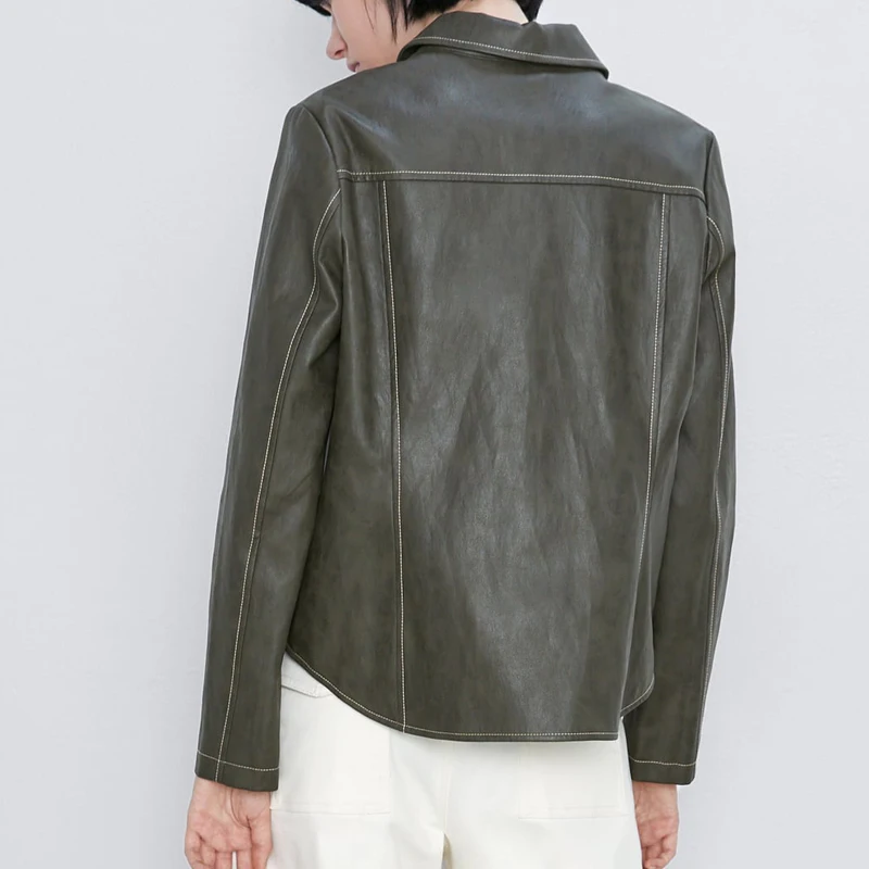 Autumn Solid color Women Faux Leather blouse Single breasted Loose Female PU jacket Turn Down collar coats Chic YNZZU YO981