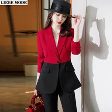 Women's Business Suit Red Pink Black Patchwork Blazer and Pants Women Formal Outfits Women Office Work 2 Pieces Set Pantsuit