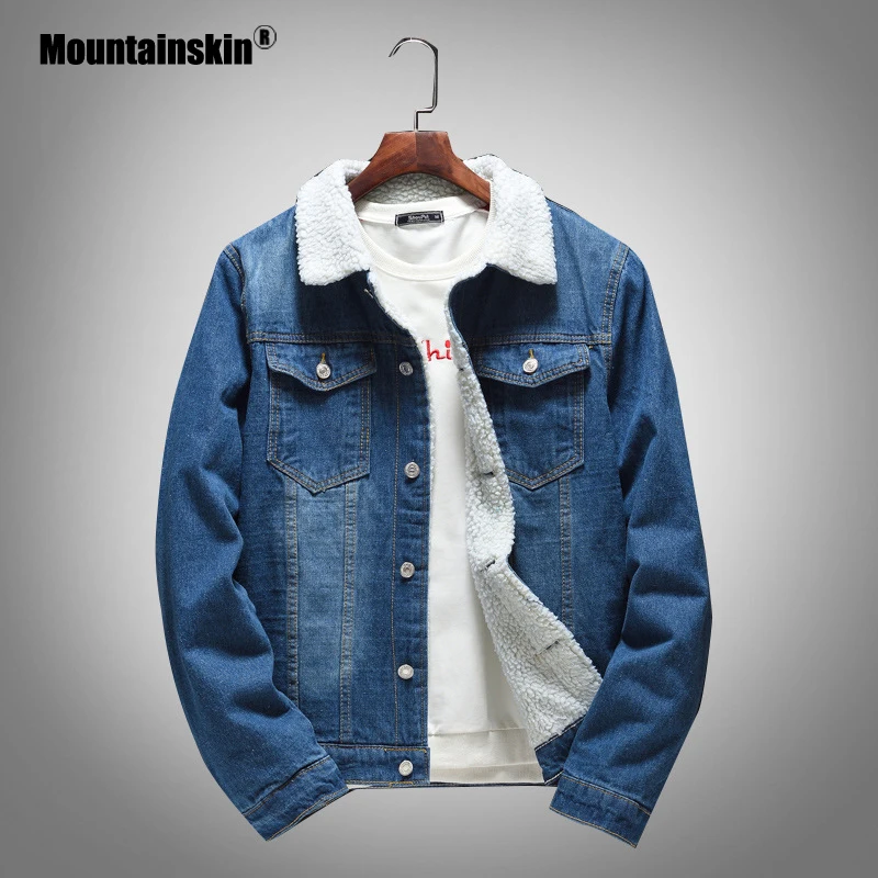 

Mountainskin 2019 Men's Winter Denim Jacket Slim Long Sleeve Cashmere Jacket Plus Velvet Male Denim Coat Brand Clothing SA737