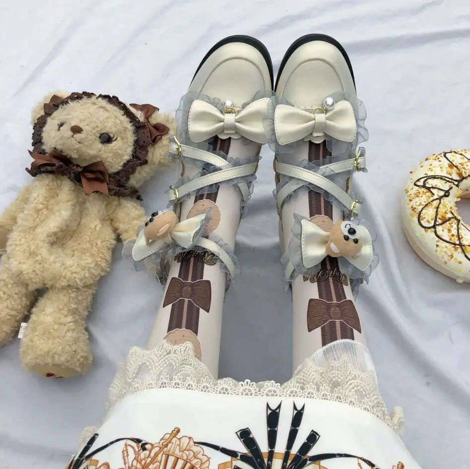 Японский kawaii для девочек; милые туфли в стиле «Лолита» в винтажном стиле; круглый носок; удобная женская обувь милый кружевной бант с перекрестными ремешками обувь kawaii