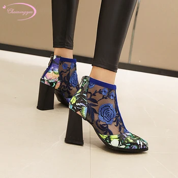 

Party style embroider sexy pointed toe summer gauze ankle boots sandals flowers zipper high heel thick heel woman's shoes