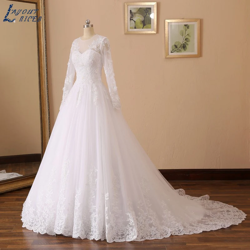 YQS001 Robe De Mariee Новое поступление свадебное платье трапециевидной формы с длинными рукавами кружевное свадебное платье с аппликацией на заказ