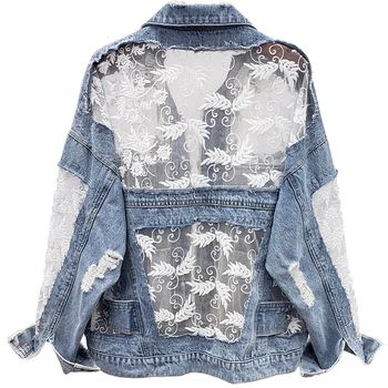 

2020 Summer New Gauze Embroidery Denim Jacket Women Fashion Lace Spliced Washed Jeans Jacket Loose Thin Outwear Streetwear Q1400