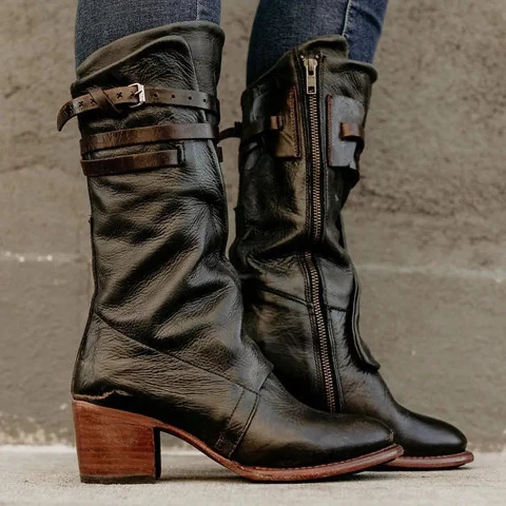

Woman Vintage Knee-High Boots Black Leather Riding Boots Ladies Square Head Low-heeled Shoes Western Zipper Winter Booties 2019