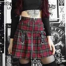 Sisterlinda консервативный стиль красная клетчатая высокая талия юбки с пряжками женские на молнии решетки Мода укороченная плиссированная повседневная юбка