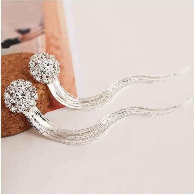 Classic Luxury Bridal Rhinestone Round Shape Long Tassel Clip on Earrings Non Piercing for Women ear clip earrings clip earrings ear clip ear accessories