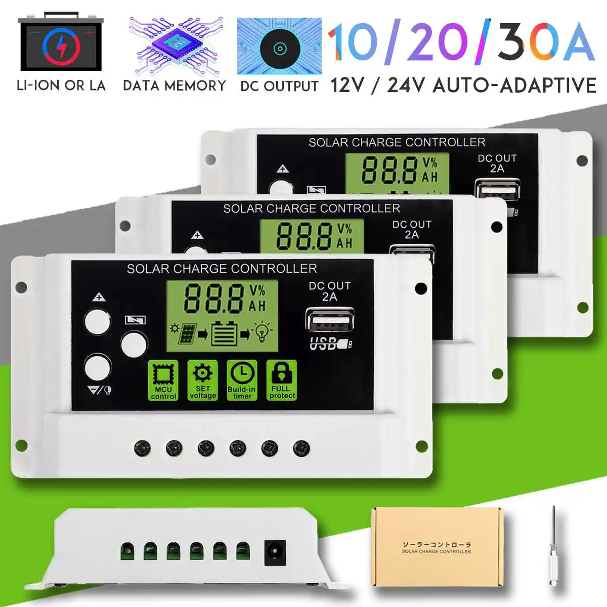 

10A 20A 30A 12V/24V PWM Solar Panel Charge Controller Li-ion & Lead Acid Battery Charger USB LCD Display