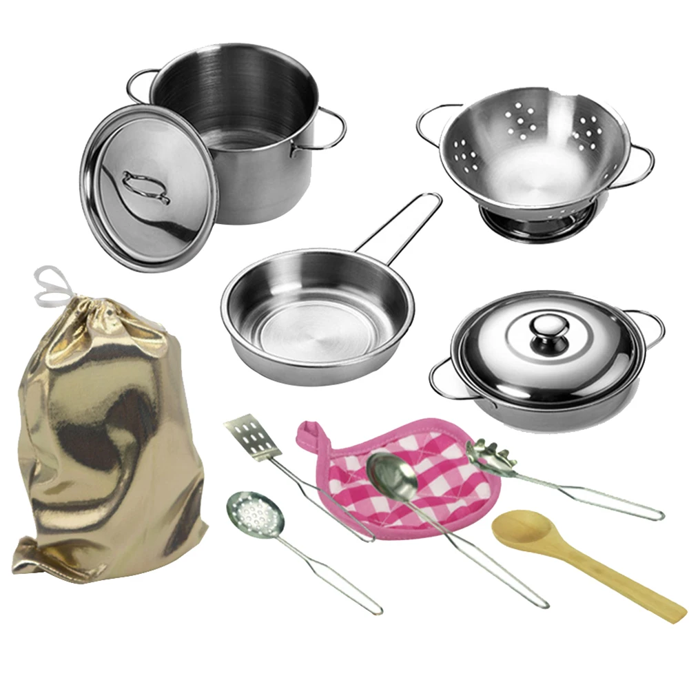 

12Pcs Kids Simulation Stainless Steel Kitchen Tools Cooking Pots Pans Food Mini Pretend Tools Set Simulation Play House Gift