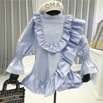 

2020 Summer New Style Sense of Design Irregular Flounced Loose Shirt Dress Female Western Style Pleated Stand Collar Dress