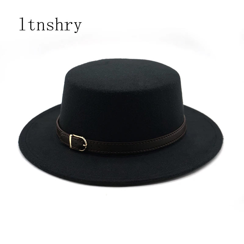 

New Retro Winter Autumn women men Top hat Imitation Woolen Felt Fedora Hats Belt buckle Decorated ladies Boater Hat flat brim