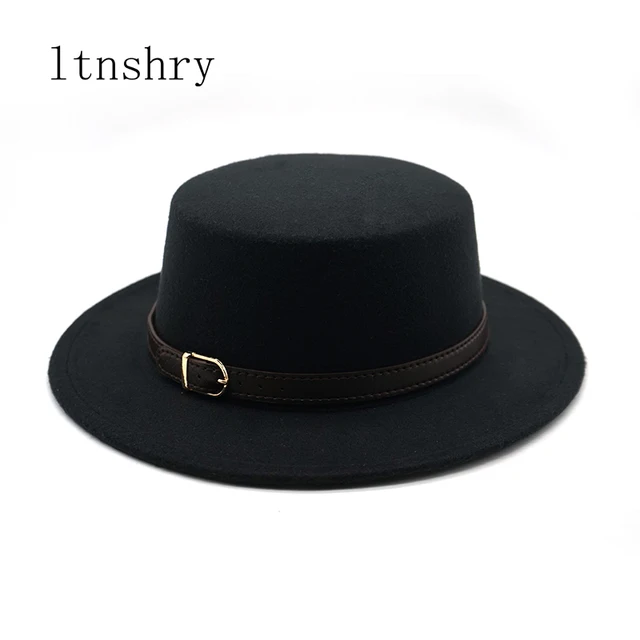 New Retro Winter Autumn women men Top hat Imitation Woolen Felt Fedora Hats Belt buckle Decorated ladies Boater Hat flat brim 1