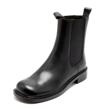 

Retro Genuine Leather Women Winter Boots Elastic Band square Toe Thick low Heels Pumps Working Party Shoes Woman