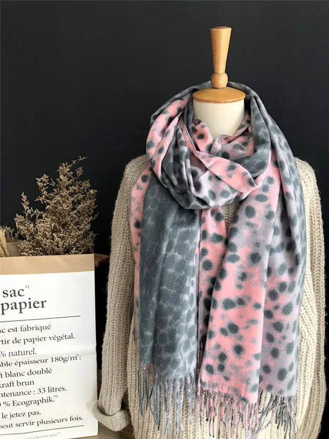 women leopard knit fashion winter cashmere scarves lady blanket warm tassel female shawls and wrap bandana warm foulard - Цвет: Розовый