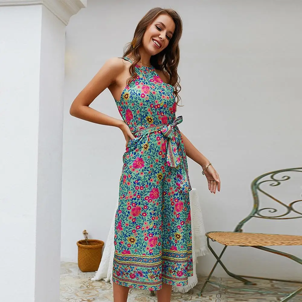 Женский комбинезон, женский комбинезон, пляжный, летний, шифон, Halterneck, Boho, модные, вечерние, без рукавов, цветочный принт, на каждый день