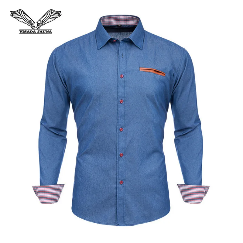 Light blue 3151 VISADA JAUNA Высококачественная Мужская джинсовая рубашка с длинным рукавом, хлопковая однотонная Повседневная Деловая джинсовая рубашка, Брендовые мужские рубашки N5153 - Цвет: Light blue 3151