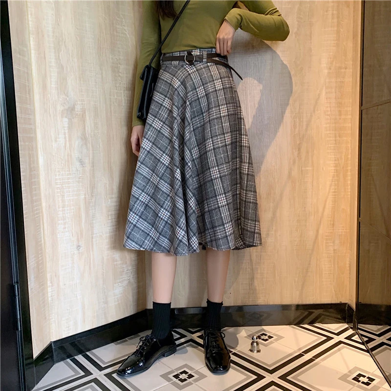Harajuku длинные юбки женские Осень Зима Высокая талия плиссированная шерстяная клетчатая юбка Уличная Одежда большого размера миди юбка куртка femme