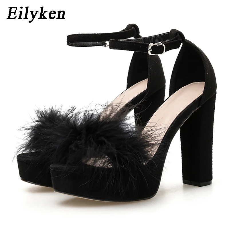 

Eilyken Women's Summer Ankle Buckle Strap Sandals Fashion Feather Furry Platform Design Open Toe High Heel Party Dance Shoes