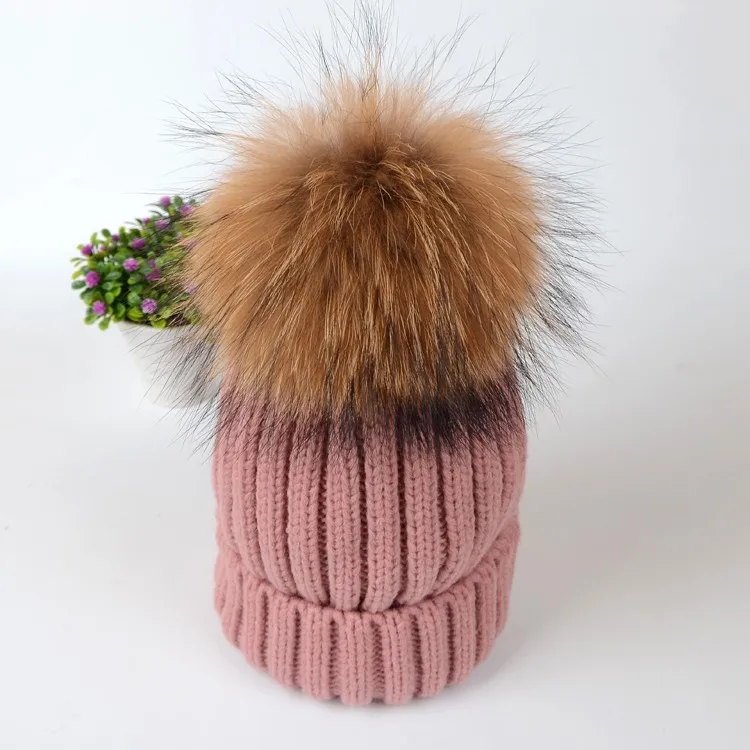 dark pink Женские зимние шапки с меховым помпоном, шапка из меха норки и лисы, женская вязаная шерстяная шапка для девочек, хлопковые шапочки, брендовая шапка-чулок - Цвет: dark pink