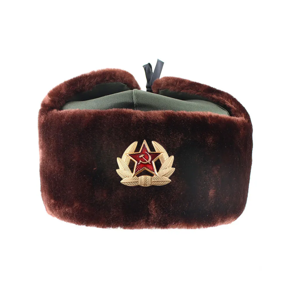 Brown Hat Russian Army Military Hats Pilot Police Polyester Hat Winter Men Snow Skiing Cap With Earmuffs 55-60 Cm - Цвет: Brown