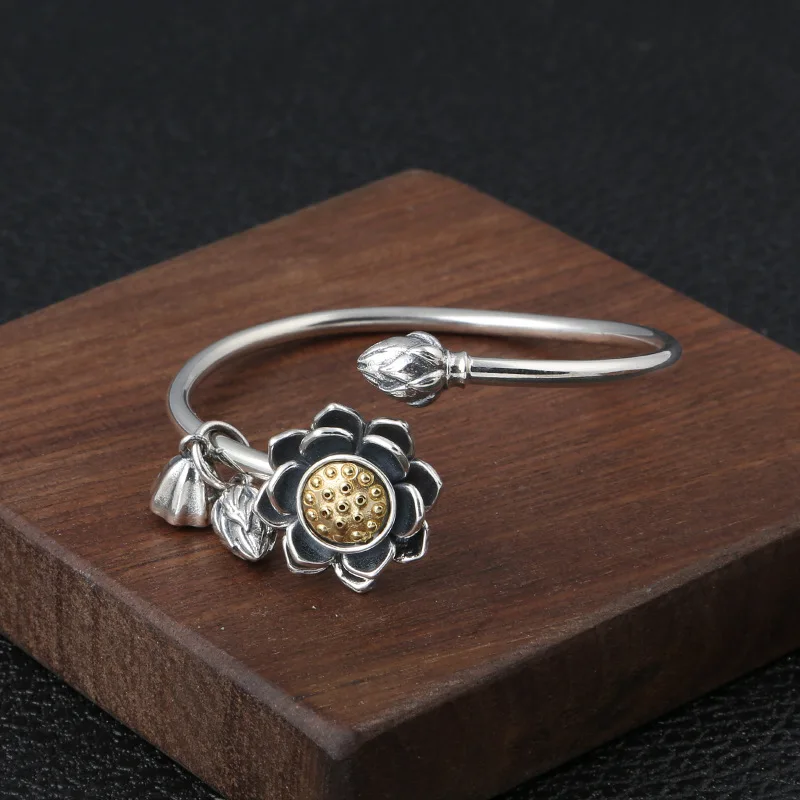 

Genuine 925 Sterling Silver Retro Rotating Lotus Fashion Ladies Opening Bracelet Thai Silver Jewelry Party Gift