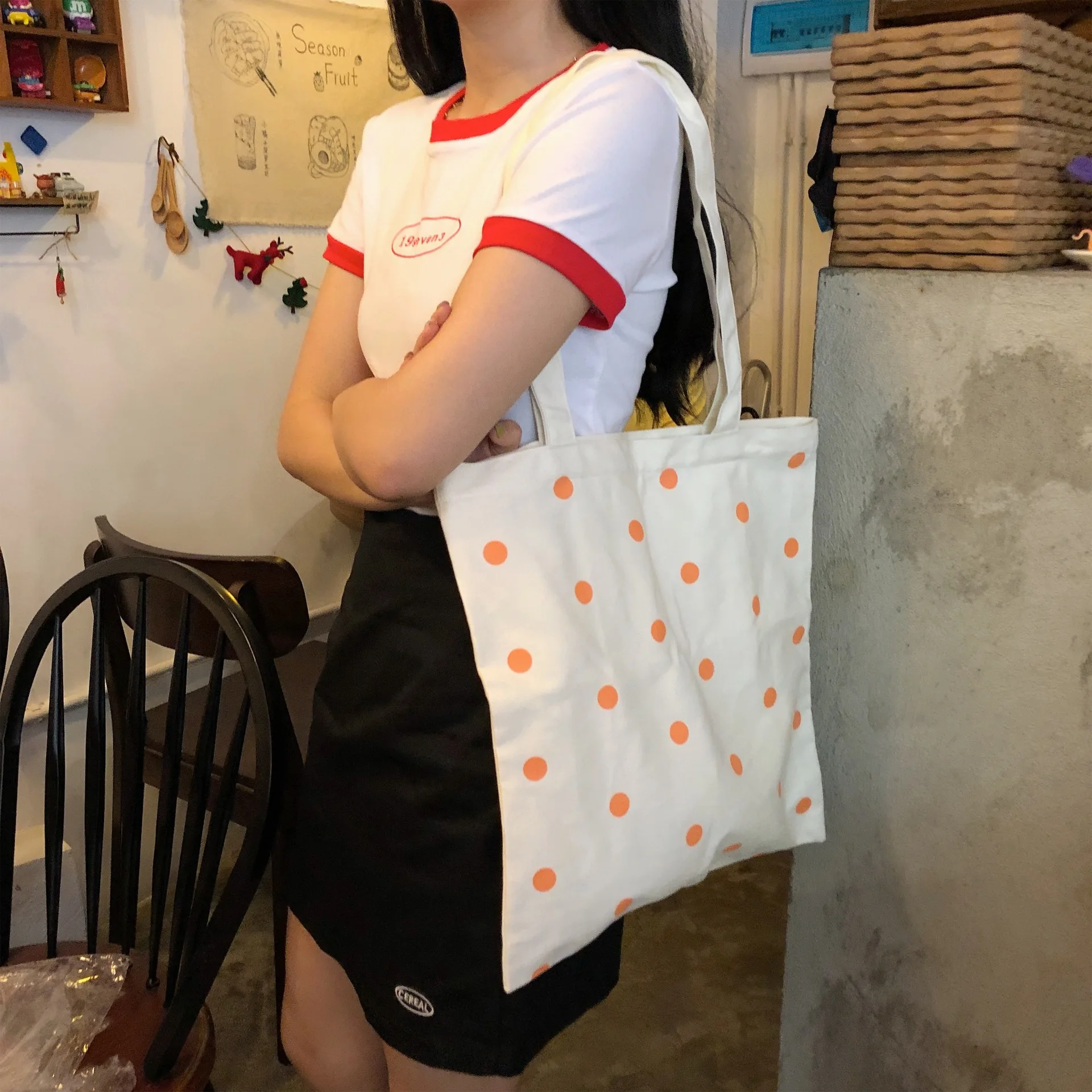 

Shoulder Bag Cute Simple Pure Cotton Canvas Polka Dot Literary Student Class Handbag Daily Commute