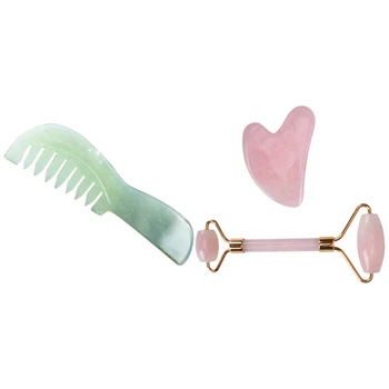 

1 Set Face Massager Double Headed Jade Roller Scraper & 1 Pcs Jade Comb, Natural Jade Scraping Comb
