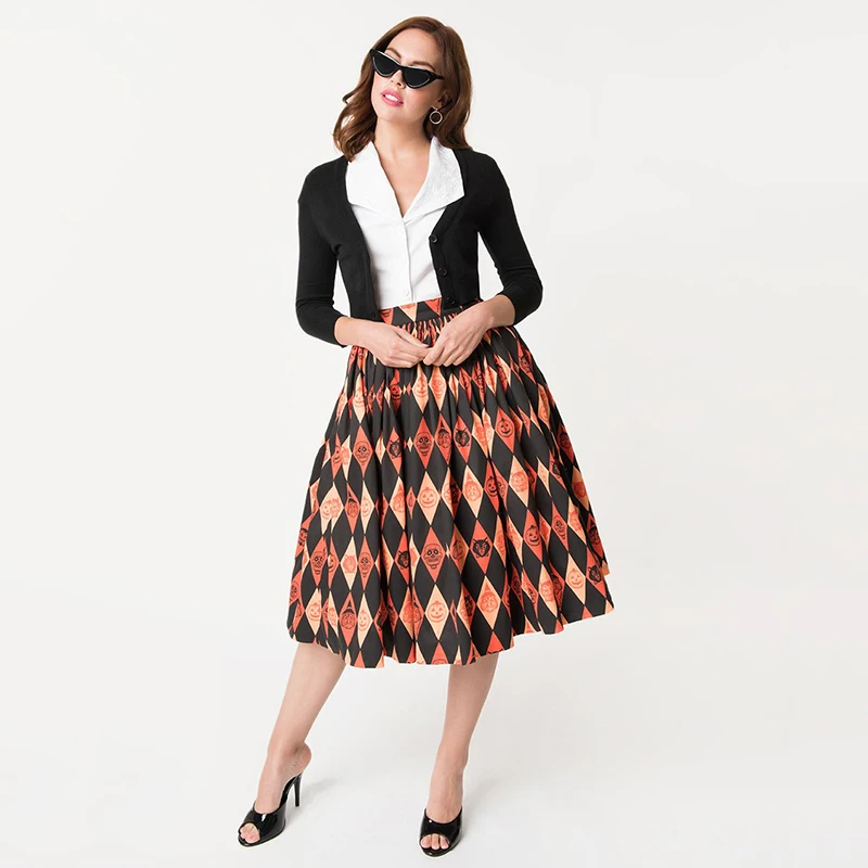 

2019 Halloween Women High Waist Floral Print Ladies Plaid Skirts Casual Vintage Pleated Midi Skirts Plus Size