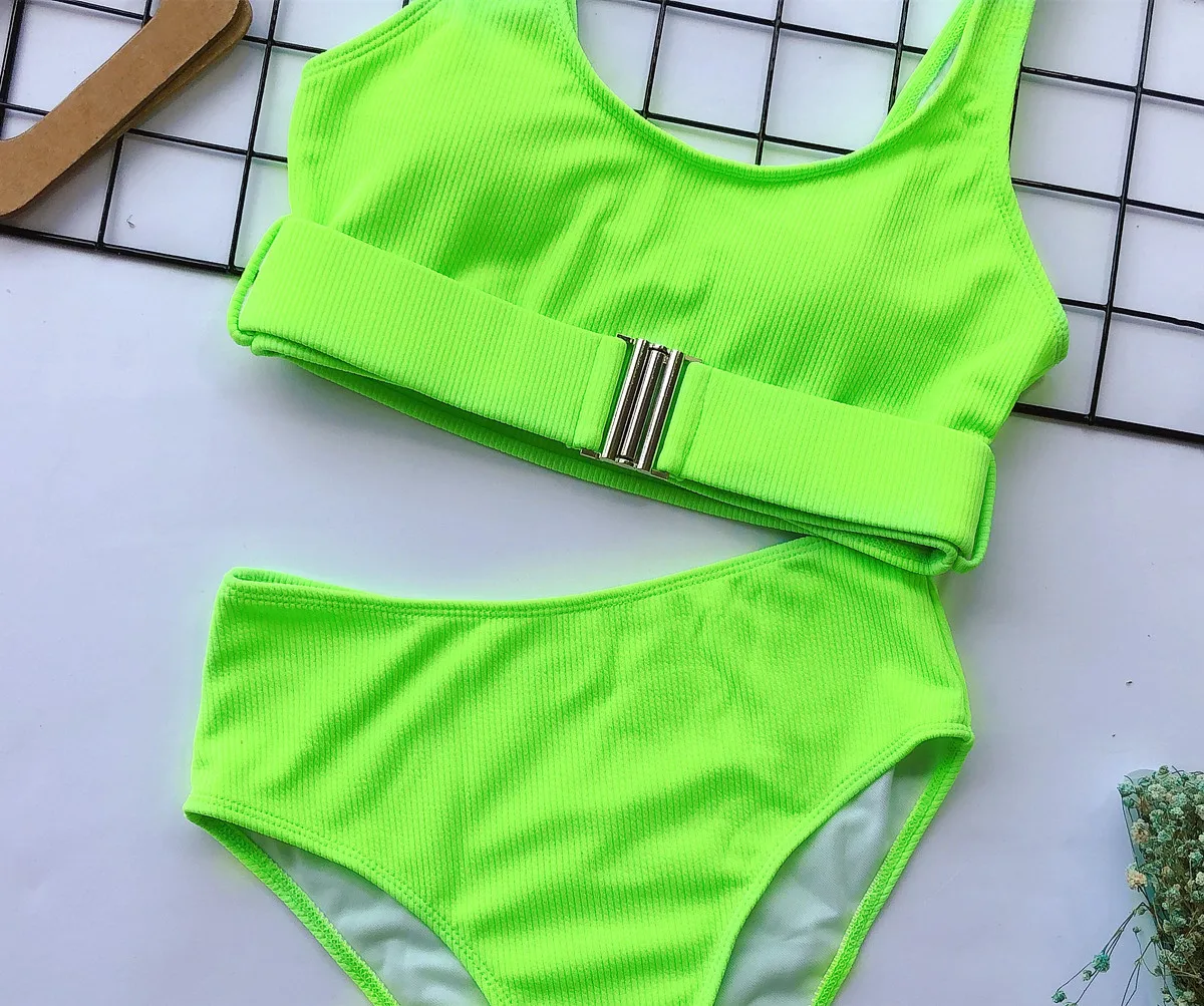 Maillot De Bain Femme с бикини с поясом набор ребристый неоновый топ с глубоким вырезом сексуальный, с высоким вырезом 2 шт бразильские спортивные купальники для женщин