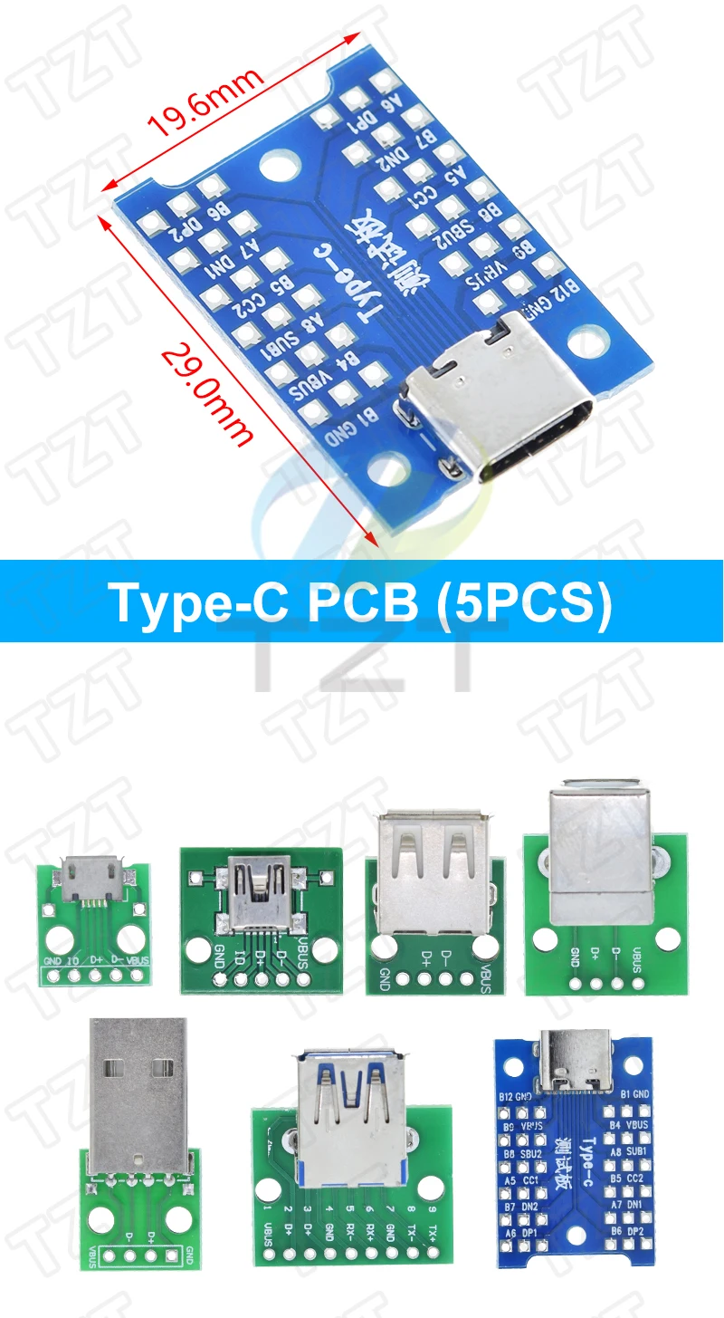 5PCS USB Stecker/MINI MICRO USB zu DIP Adapter buchse 2,54 Stecker B Typ-C USB 2,0 3,0 Weibliche PCB Konverter – Detail 7