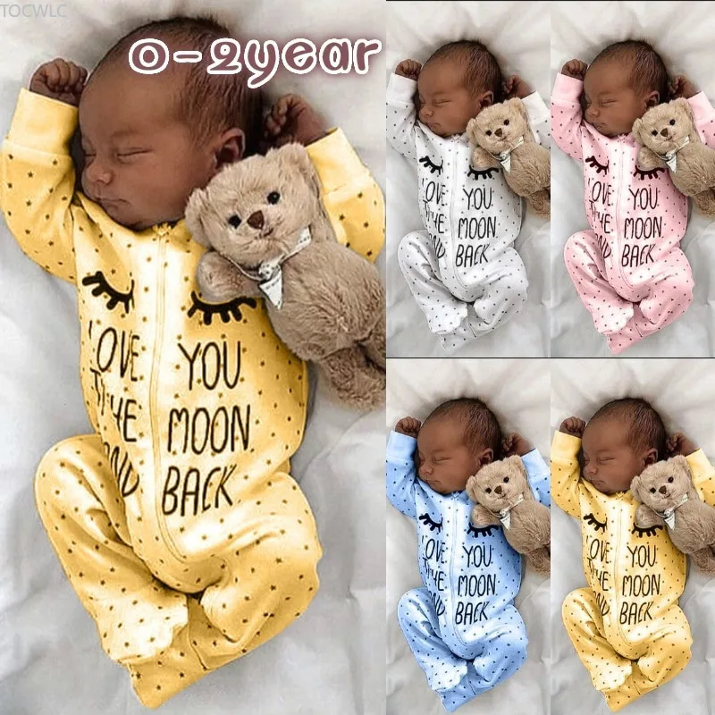 

2021 Newborn Cartoon Eyes Letter Moon Love Dot Long Sleeve Zipper Newborn Baby Girl Clothes Infant Girl 2t Girls Clothes Pijamas