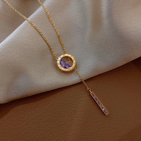 Elegant Roman Numerals Purple Zircon Design Pendant Necklace Sexy Women's Prom Party Clavicle Necklace