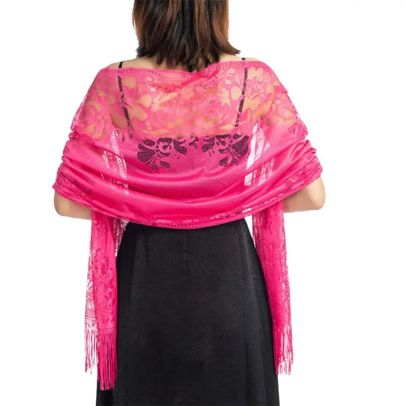 hot pink 185x63 см, женский шарф 1920 s, Ажурные вязаные крючком цветочные кружева, бахрома, кисточки, свадебная накидка, вечерняя винтажная шаль - Цвет: hot pink