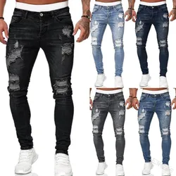 Pantalones vaqueros rasgados para hombre, Jeans ajustados rasgados, pantalones de chándal Sexy elásticos, pantalones de mezclilla ajustados de Hip Hop, Jeans informales para correr, color negro y azul
