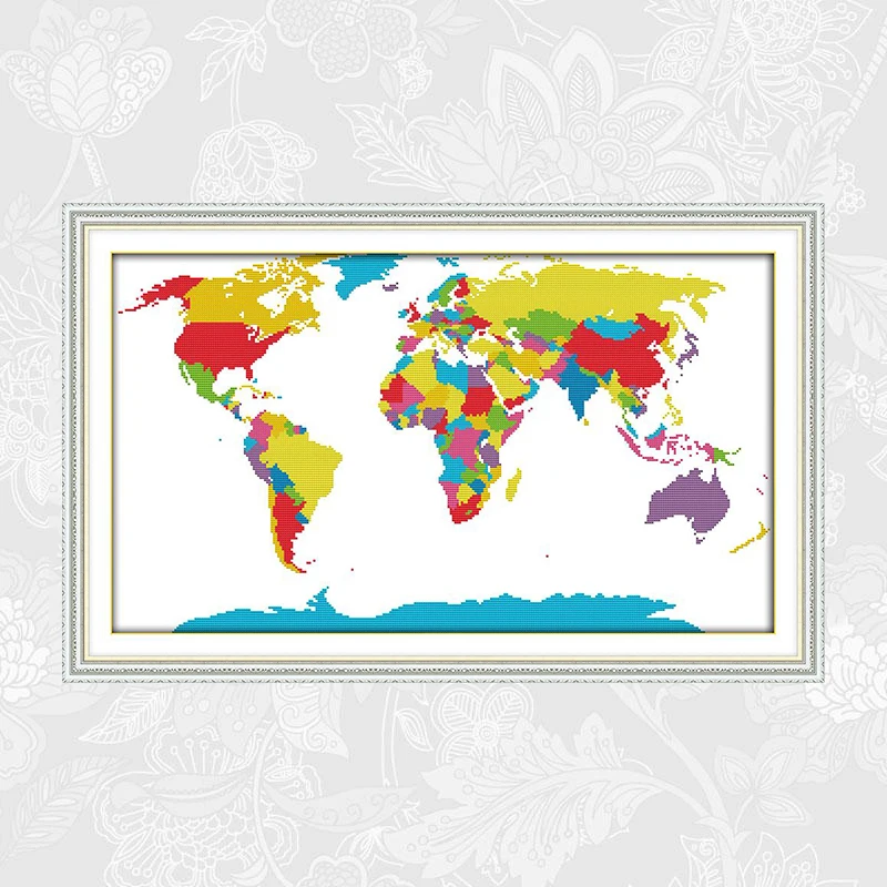 

Joy sunday Map of the world Printed on Fabric Cross Stitch kits,DMC Embroidery Thread Sets, DIY Handmade Crafts Needlework